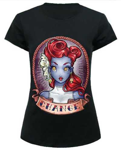 Women's Tops Change Printed Pattern Round Neck Casual T Shirt (Black)