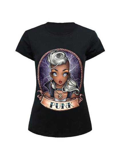 Women's Tops punk Printed Pattern Round Neck Casual T Shirt (Black)