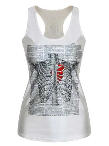 Women's X ray heart  Digital Printed Sleeveless T Shirt Vest Tank Tops (White)