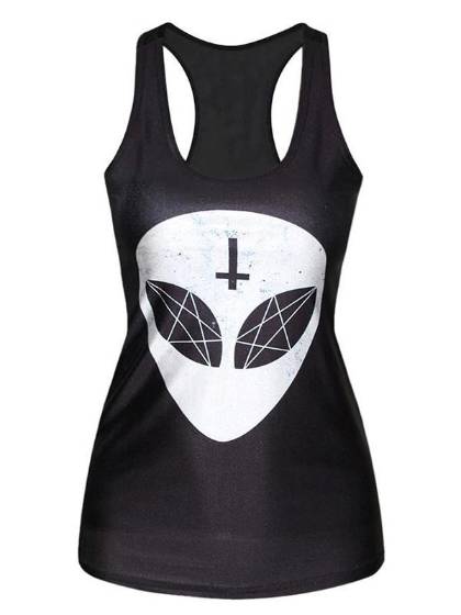 Womens  animal Elien Digital Printed Sleeveless T Shirt Vest Tank Tops (Black)