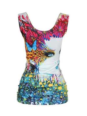 Summer Fashion Watercolor Print Beauty Print Sleeveless Tank Tops Slim Vest Tees Shirts_Trq