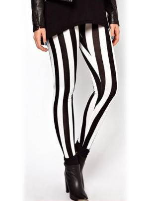Fashion Black White Stripes Print Plus Size Women Leggings Pants Tights