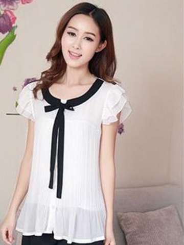 New 2014 Summer Women Sweet Butterfly Short Sleeve Chiffon Bow Ribbon Tops Cardigan Pleated Blouses