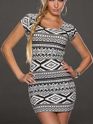 Women's Fashion Vintage Aztec Print Short Sleeve Sheath Pencil Dress Clubwear