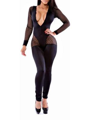 New Women Fashion Autumn Black Fishnet Lace Inset Long Sleeves Hollow Out Skinny Jumpsuit Bodysuit Bandage Clubwear