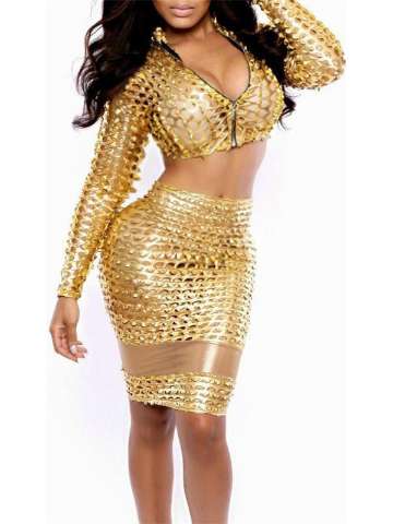 Summer Sexy Gold Metallic long sleeve Hollow Out Bandage Slim Skirts Zipper CropTop 2PCS Clubwear