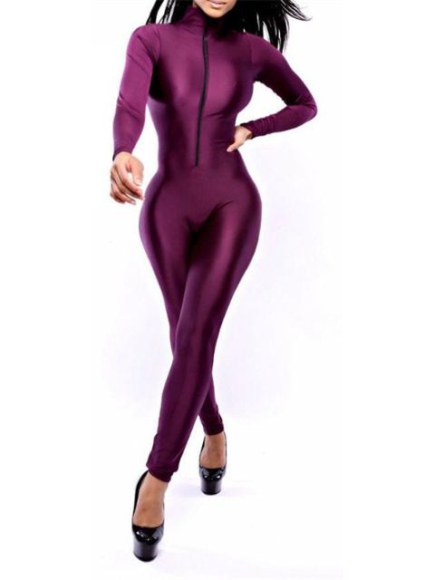 Women Fashion Trendy Purple Zipper Front High Neck Skinny Jumpsuit Bodysuit One Piece Bandage Clubwear Rompers