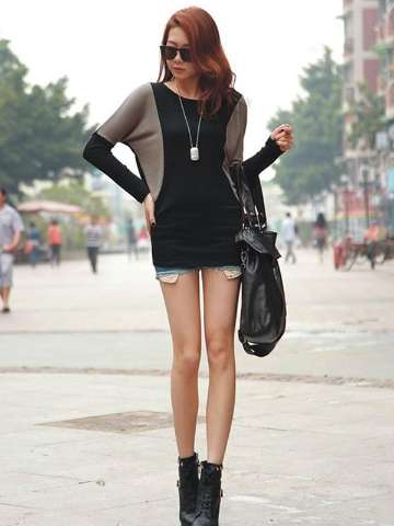 Women Fashion Korean Style Autumn Long Batwing Sleeve Knitted Splicing Scoop Bandage Mini Dress