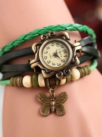 Womens Fashion Retro Leather Bracelet Butterfly Decoration Quartz Wrist Women's Watches