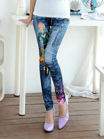 New Blue Faux Jean Denim Beauty and Butterfly Print Leggings Pants