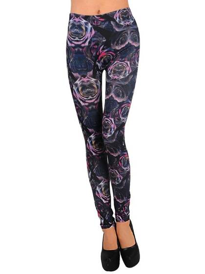 Sexy Lady's Punk Funky Black Rose Print Leggings Stretchy Tights Pants