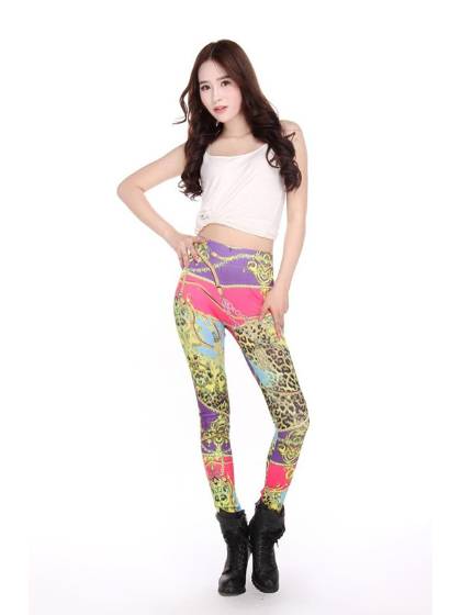 Women's Hot Topic High Waist Chain Leopard Baroque Leggings Pants Tights