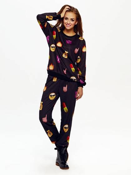 2015 Sports Women's Fashion Emoji Print Sports Suit Jogger Tops Pullover+Adjustable Loose Casual Harem Pants Sport Leggings