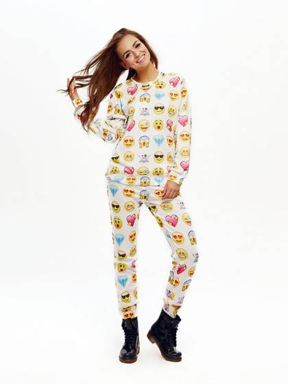 2015 Sports Women's Fashion Emoji Print Sports Suit Jogger Tops Pullover+Adjustable Drawstring Harem pants