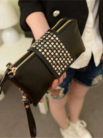 Korean Style PU Leather Handbag Designer Rivet Lady Wallet Clutch Purse Evening Bag