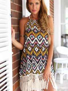 Women's Sexy  backless strappy Casual  Bohemian Tribal Print Halter Tassels Dress Sundress
