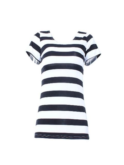 shortsleeve deep neck  digital printing in black and white striped  T-shirt