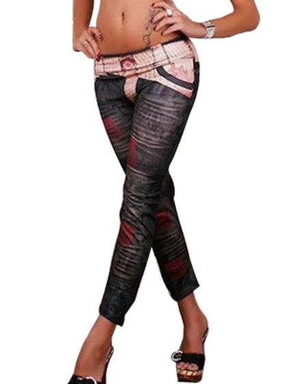 Sexy Denim Look Faux Jean Print Gray Stretchy Leggings Tights Pants