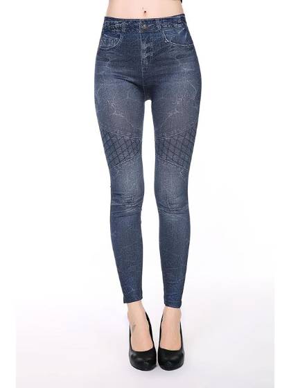 Women Fashion Mesh Printed Denim Style Faux Stitched  Jean Legging Tights Stretchable