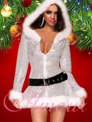 Women's Fashion Hot VintageShining Silver Christmas Costume Hooded Dress /w Waistband