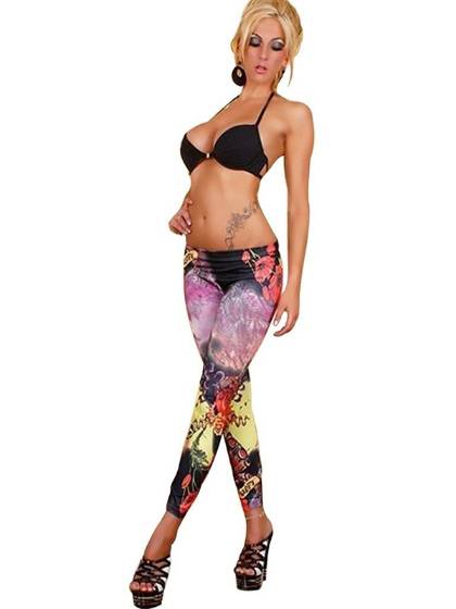 Fashion Purple Yellow Love and Hate Punk Rock Print Leggings One Size