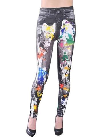 Women's Fashion New Stylish Graffiti Faux Jean Denim Tights Pants Leggings
