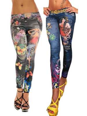 Women's Sexy Faux Jean Close-fitting Imitated Beauty Print Faux Jean Denim Leggings One Size