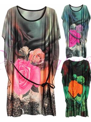 Fashion Women Short Sleeve Flower Print Loose Batwing Sleeve Beachwear Dress Vintage Dresses