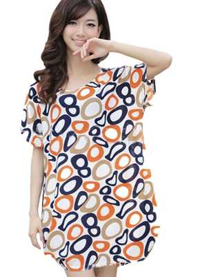 Women's Summer Fashion Short Sleeve Bubble Print Loose Batwing Sleeve Casual Silk Dress Long T-shirt Blouse