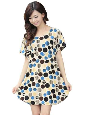 New Women Summer Vintage Batwing Short Sleeve Polka Dot Print Loose Ice Silk Dress Holiday Wear