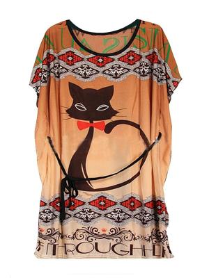 2015 Spring/Summer Sweet Cat Print Vintage Bohemian Batwing Sleeve Short Loose National Wind Women's T-shirt Tee