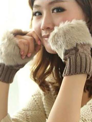 Women Fashion Faux Rabbit Fur Hand Wrist Warmer Fingerless Long Gloves