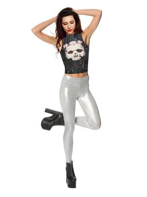 2015 Women Fashion Digital 3D Galaxy Skull Sleeveless High Neck Slim Crop Tank T-shirt Short Top
