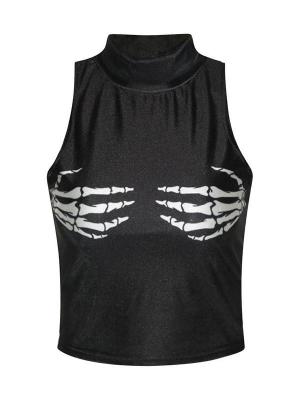 2015 Women Fashion Digital 3D Skeleton Sleeveless High Neck Slim Tees Tanks Crop Tops