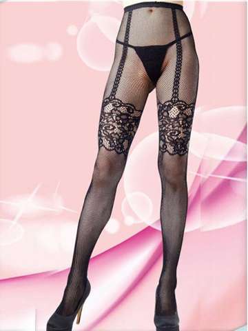 Sexy Faux Garter Lace Top Fishnet Stockings Pantyhose