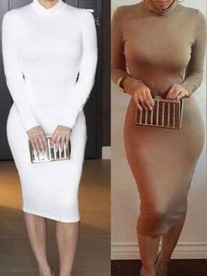 Sexy lady's Turtle Neck Long Sleeves Dresses Stretch Midi Pencil Dress