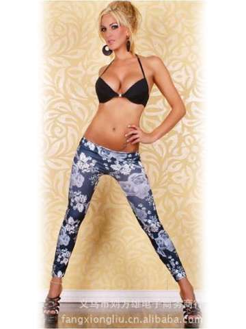 New Women Fashion Spring Flower Rose Print Denim Leggings Stretch Jeans Skinny Pants Jegging