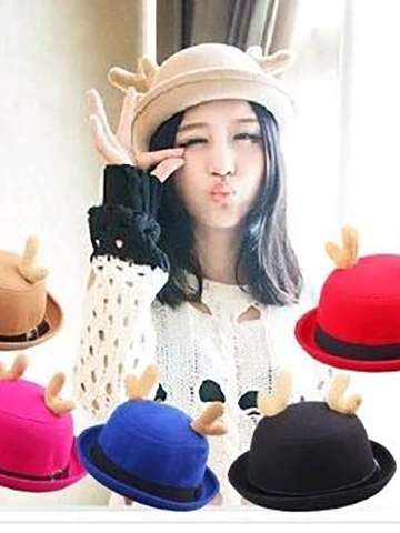 Casual Unisex Antlers Adult Bucket Hat Cute Children Dome Fedora Woolen Hemming Christmas Elk Horn Hats Felt Paternity Cap