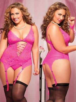 Women's FashionNew Lingerie Hot Pink Lace Cami Bustier Set /w Garters handcuffs