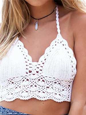Sexy Women Crochet Crop Tops Summer Beachwear  Bikini Bra Strap Tank Vest Tops High-Neck
