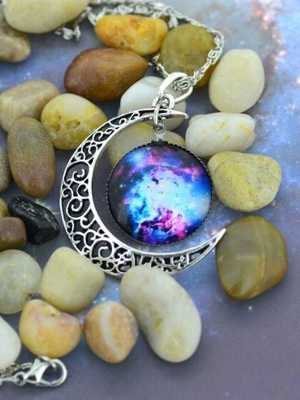 Women Fashion Jewelry Choker Necklace Glass Galaxy Lovely Pendant Silver Chain Moon Pendant