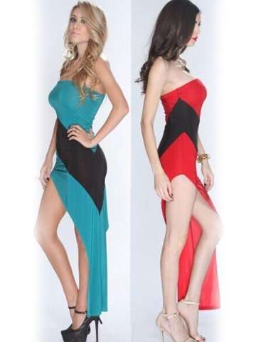 Fashion Vintage Patchwork Side Slit Neon Colors Bandage Bodycon Dress Clubwear Party Cocktail