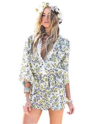 Sexy Deep V Neck Long Sleeve Playsuit Shorts Flower Print Jumpsuit Beach Rompers