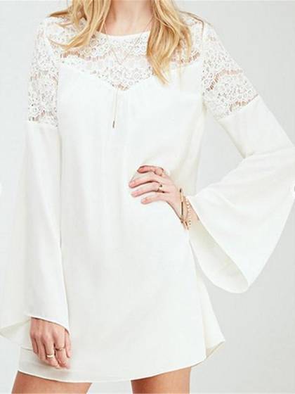 Sweet White Lace Top Long Flare Sleeve Chiffon Shift Long Sleeve Dress