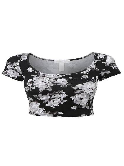 Women's Summer Casual Big White Flower Print T-shirt Short Sleeve Pull Over Navel Tanks Tee Tanks & Crop Tops