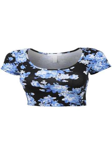 Women's Summer Casual Big Blue Flower Print T-shirt Short Sleeve Pull Over Navel Tanks & Crop Tops