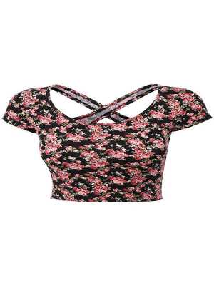 Women's Summer Casual Red Floral Print T-shirt Short Sleeve Cross Back Navel Tanks & Crop Tops