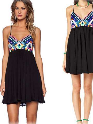 Women's Sexy Backless Condole Belt Dress Geometric Printing Shoulder Loose Maxi Dress