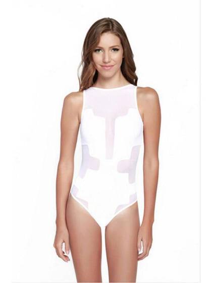 New Women Fashion Summer Sexy Triangle Perspective Mesh Swimwear Round Cut Back One-Piece Monokini