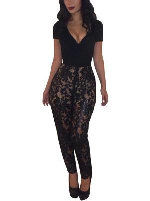 Women Fashion Sexy Black Short Sleeve Lace Jumpsuit One Piece